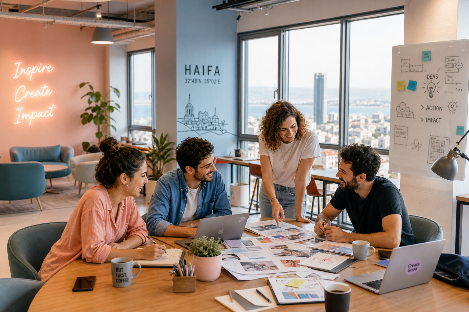 Creative team collaborating in the Haifa Cowork loft