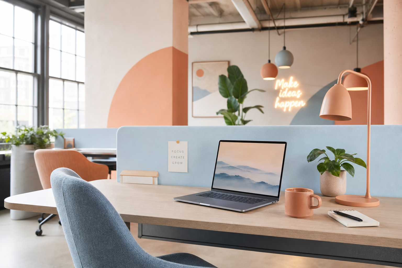 Hot desk workspace with laptop and coffee