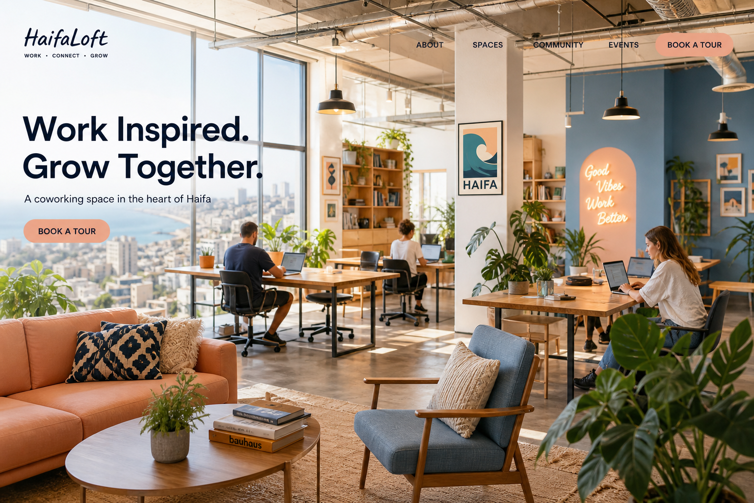 Bright creative coworking loft interior in Haifa