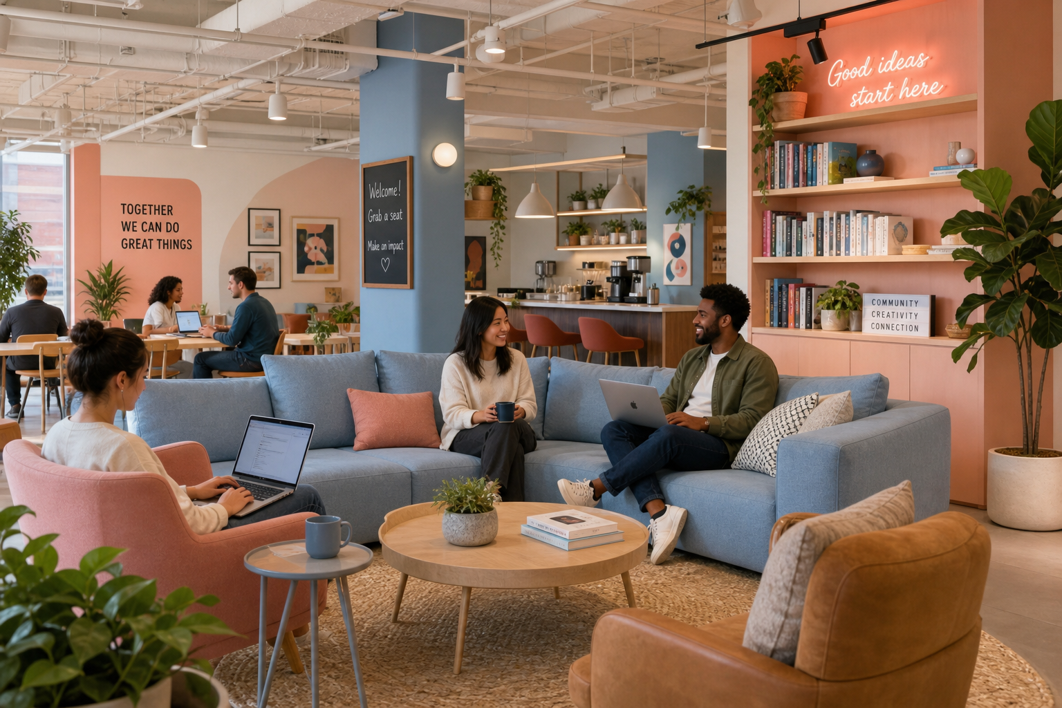 Comfortable coworking lounge with sofas and plants