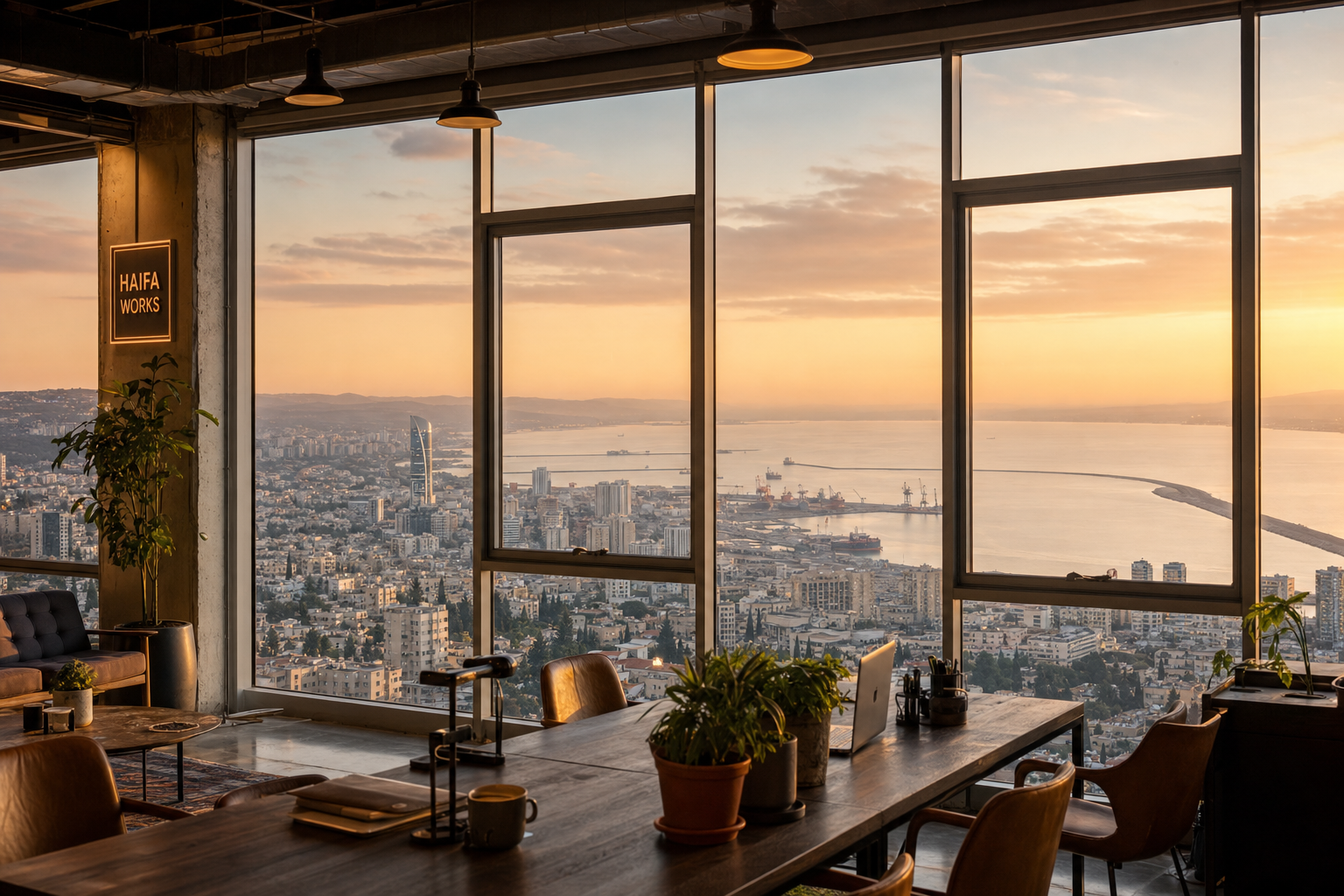 Panoramic view of Haifa bay from the coworking loft